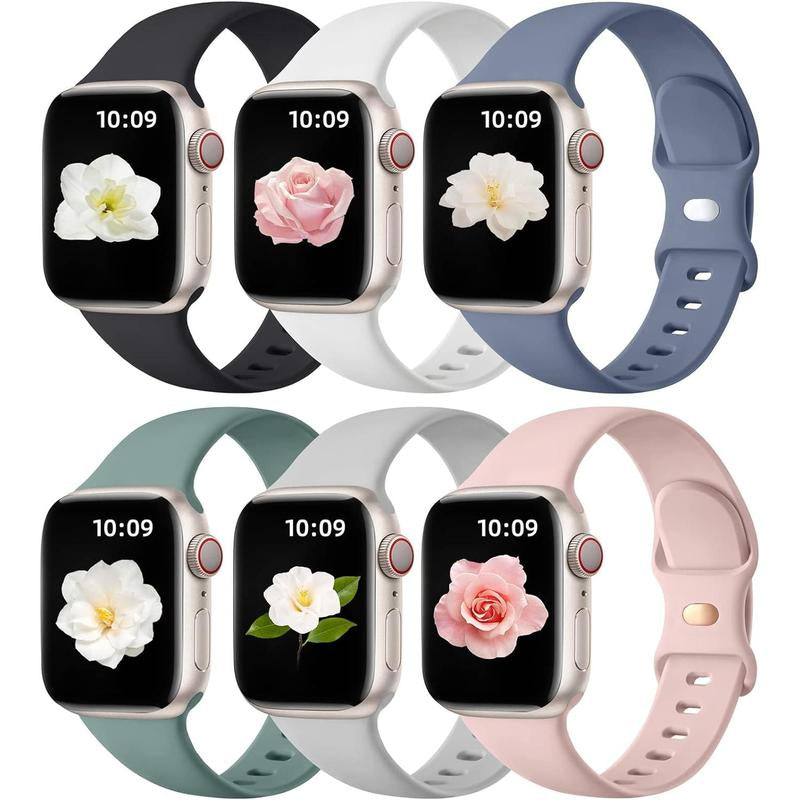 Paquete de 6 Correas Compatibles de Reemplazo para Apple Watch – 38 mm, 40 mm, 41 mm, 42 mm, 44 mm, 45 mm, 46 mm, 49 mm – Correas Deportivas de Silicona Suave para Mujeres y Hombres