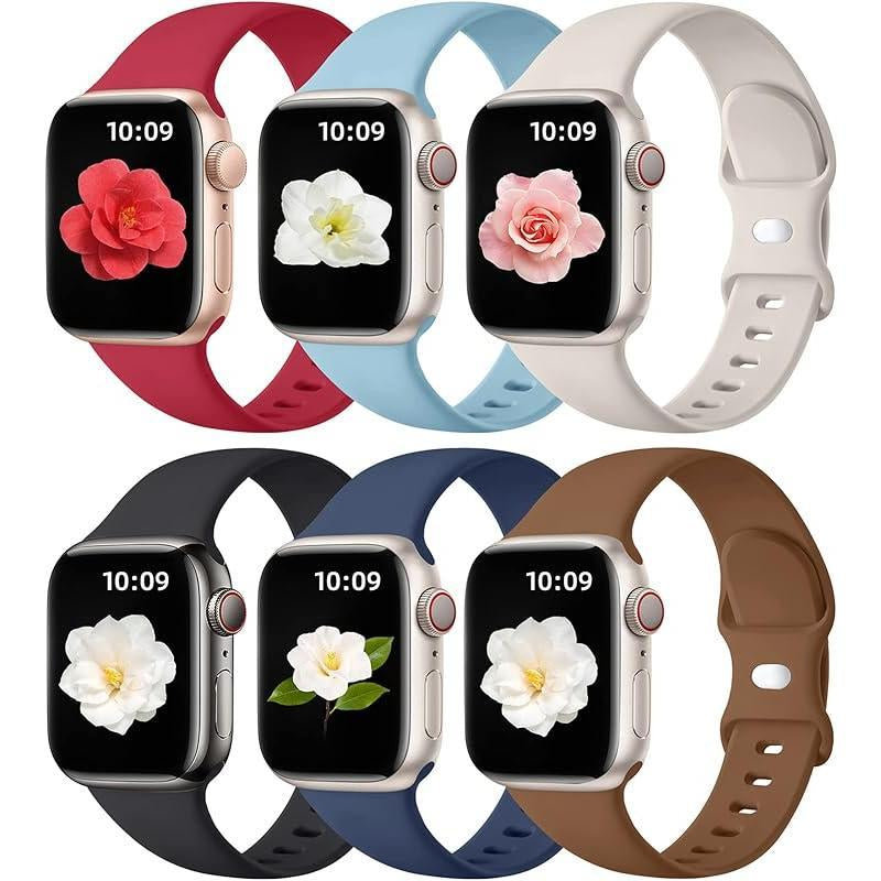 Paquete de 6 Correas Compatibles de Reemplazo para Apple Watch – 38 mm, 40 mm, 41 mm, 42 mm, 44 mm, 45 mm, 46 mm, 49 mm – Correas Deportivas de Silicona Suave para Mujeres y Hombres