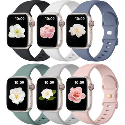 Paquete de 6 Correas Compatibles de Reemplazo para Apple Watch – 38 mm, 40 mm, 41 mm, 42 mm, 44 mm, 45 mm, 46 mm, 49 mm – Correas Deportivas de Silicona Suave para Mujeres y Hombres