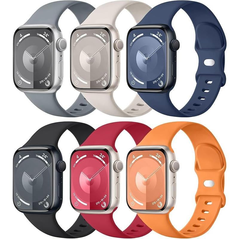 Paquete de 6 Correas Compatibles de Reemplazo para Apple Watch – 38 mm, 40 mm, 41 mm, 42 mm, 44 mm, 45 mm, 46 mm, 49 mm – Correas Deportivas de Silicona Suave para Mujeres y Hombres