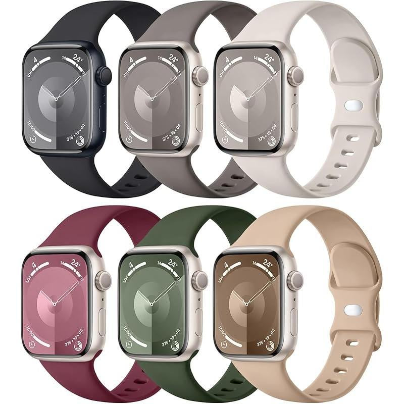 Paquete de 6 Correas Compatibles de Reemplazo para Apple Watch – 38 mm, 40 mm, 41 mm, 42 mm, 44 mm, 45 mm, 46 mm, 49 mm – Correas Deportivas de Silicona Suave para Mujeres y Hombres