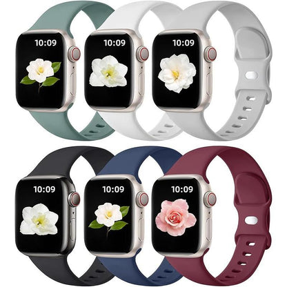 Paquete de 6 Correas Compatibles de Reemplazo para Apple Watch – 38 mm, 40 mm, 41 mm, 42 mm, 44 mm, 45 mm, 46 mm, 49 mm – Correas Deportivas de Silicona Suave para Mujeres y Hombres